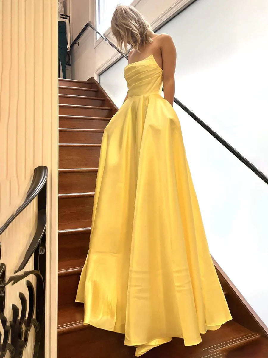 Strapless Sage Green Satin A-line Long Prom Dress With Slit Strapless Evening Dress HZ1108