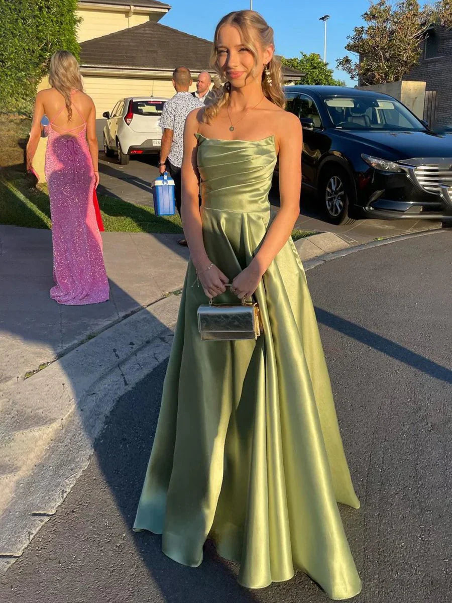 Strapless Sage Green Satin A-line Long Prom Dress With Slit Strapless Evening Dress HZ1108