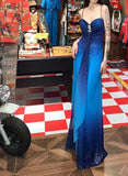 Glitter Chiffon Gradient Blue Prom Dress for Party Elegant 2000s Spaghetti Strap Evening Gown HZ1108