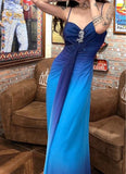 Glitter Chiffon Gradient Blue Prom Dress for Party Elegant 2000s Spaghetti Strap Evening Gown HZ1108