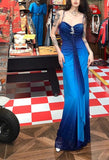 Glitter Chiffon Gradient Blue Prom Dress for Party Elegant 2000s Spaghetti Strap Evening Gown HZ1108