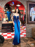 Glitter Chiffon Gradient Blue Prom Dress for Party Elegant 2000s Spaghetti Strap Evening Gown HZ1108