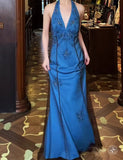 Retro V-neck Blue Beaded Satin Sheath Elegant Backless Chiffon Spaghetti Strap Long Evening Gown HZ1108