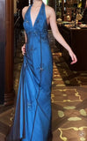 Retro V-neck Blue Beaded Satin Sheath Elegant Backless Chiffon Spaghetti Strap Long Evening Gown HZ1108