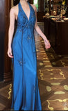 Retro V-neck Blue Beaded Satin Sheath Elegant Backless Chiffon Spaghetti Strap Long Evening Gown HZ1108