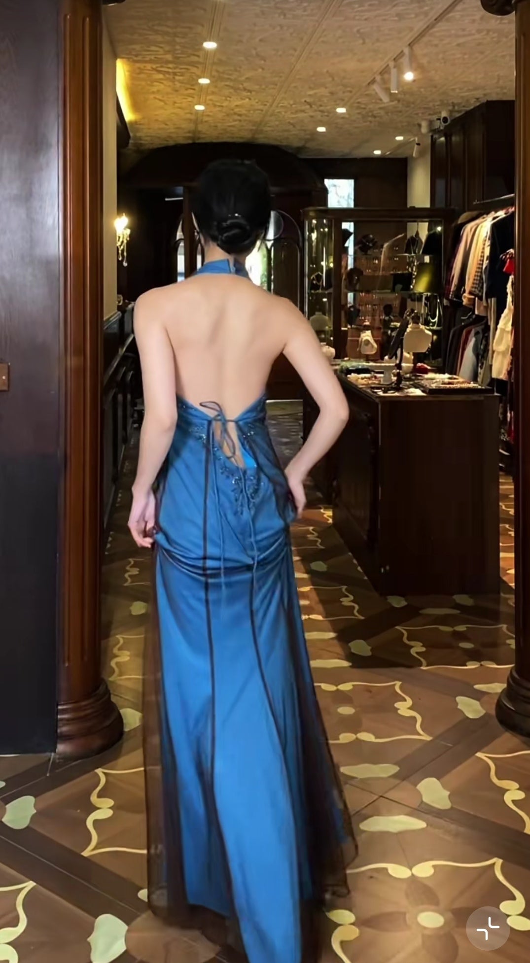 Retro V-neck Blue Beaded Satin Sheath Elegant Backless Chiffon Spaghetti Strap Long Evening Gown HZ1108