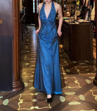 Retro V-neck Blue Beaded Satin Sheath Elegant Backless Chiffon Spaghetti Strap Long Evening Gown HZ1108