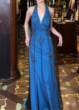 Retro V-neck Blue Beaded Satin Sheath Elegant Backless Chiffon Spaghetti Strap Long Evening Gown HZ1108