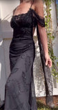 Sexy Black Spaghetti Strap Chiffon Beaded Long Prom Dress Vintage Backless Party Dress HZ1108