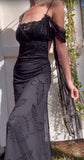 Sexy Black Spaghetti Strap Chiffon Beaded Long Prom Dress Vintage Backless Party Dress HZ1108