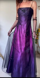 90s Midnight Purple Satin Long Prom Dress Enchanted Spaghetti Strap Beading & Tulle Evening Gown HZ1108
