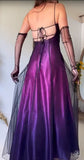 90s Midnight Purple Satin Long Prom Dress Enchanted Spaghetti Strap Beading & Tulle Evening Gown HZ1108