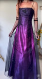 90s Midnight Purple Satin Long Prom Dress Enchanted Spaghetti Strap Beading & Tulle Evening Gown HZ1108