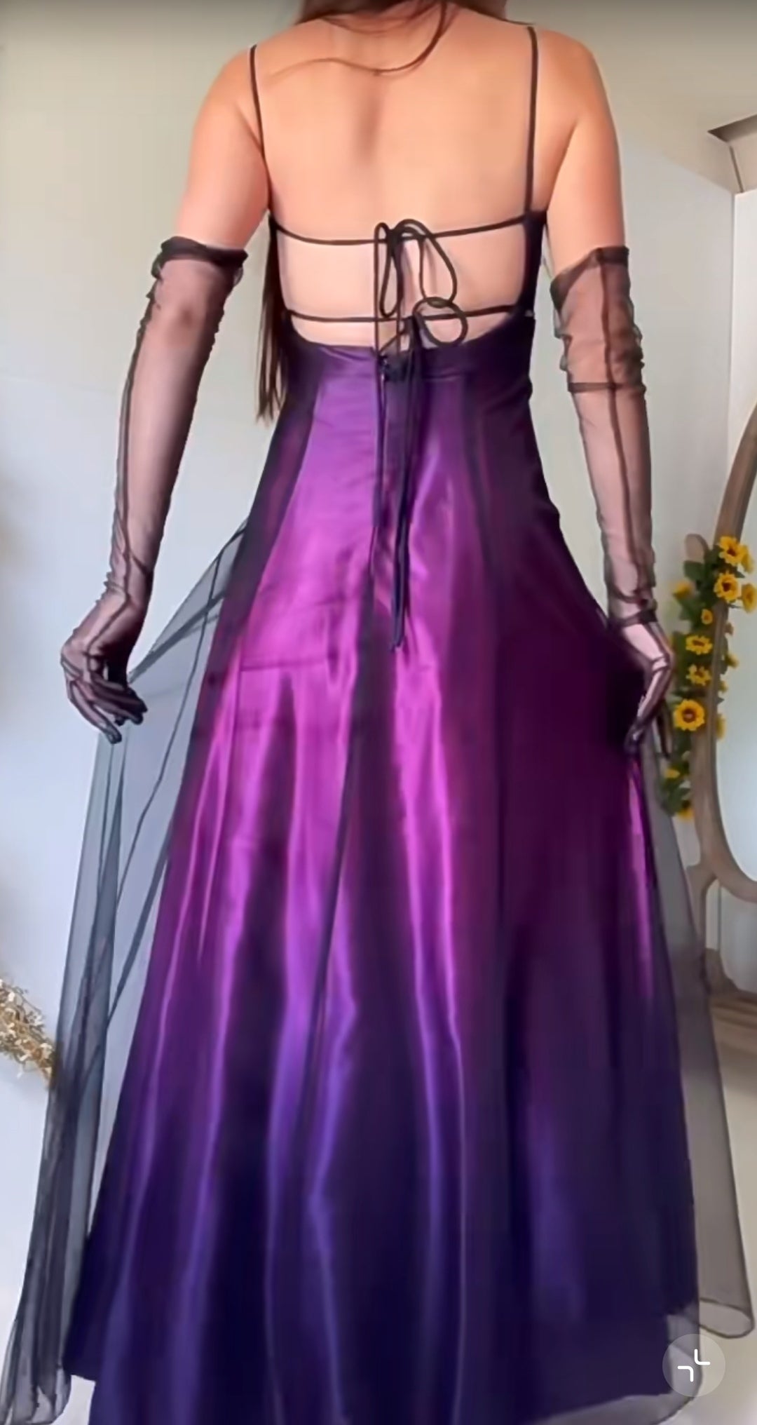 90s Midnight Purple Satin Long Prom Dress Enchanted Spaghetti Strap Beading & Tulle Evening Gown HZ1108