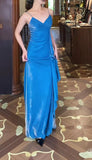 Elegant Blue Spaghetti Strap Velvet Long Prom Dress Vintage Backless Party Dress HZ1108