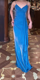 Elegant Blue Spaghetti Strap Velvet Long Prom Dress Vintage Backless Party Dress HZ1108