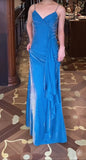 Elegant Blue Spaghetti Strap Velvet Long Prom Dress Vintage Backless Party Dress HZ1108