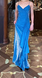 Elegant Blue Spaghetti Strap Velvet Long Prom Dress Vintage Backless Party Dress HZ1108