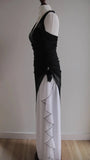 Vintage Black Chiffon Beaded Neck Prom Dresses Elegant White Ruffle Party Dresses HZ1108