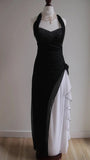 Vintage Black Chiffon Beaded Neck Prom Dresses Elegant White Ruffle Party Dresses HZ1108
