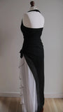 Vintage Black Chiffon Beaded Neck Prom Dresses Elegant White Ruffle Party Dresses HZ1108