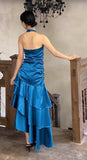 Vintage Satin Blue Halter Prom Dresses Elegant Ruffle Backless Party Dresses HZ1108