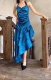 Vintage Satin Blue Halter Prom Dresses Elegant Ruffle Backless Party Dresses HZ1108