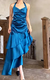 Vintage Satin Blue Halter Prom Dresses Elegant Ruffle Backless Party Dresses HZ1108