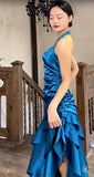 Vintage Satin Blue Halter Prom Dresses Elegant Ruffle Backless Party Dresses HZ1108