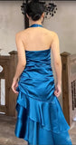 Vintage Satin Blue Halter Prom Dresses Elegant Ruffle Backless Party Dresses HZ1108