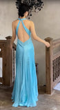 Glam Satin Sky Blue Halter Prom Dress Elegant Beaded Backless Evening Gowns HZ1108