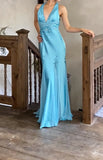 Glam Satin Sky Blue Halter Prom Dress Elegant Beaded Backless Evening Gowns HZ1108