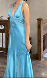 Glam Satin Sky Blue Halter Prom Dress Elegant Beaded Backless Evening Gowns HZ1108