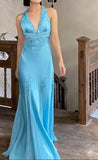 Glam Satin Sky Blue Halter Prom Dress Elegant Beaded Backless Evening Gowns HZ1108