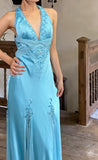 Glam Satin Sky Blue Halter Prom Dress Elegant Beaded Backless Evening Gowns HZ1108