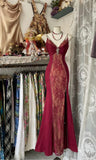 Elegant Red Satin Lace Applique Beaded Long Prom Dress Vintage Spaghetti Straps Mermaid Gowns (Under $200) HZ1108