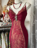 Elegant Red Satin Lace Applique Beaded Long Prom Dress Vintage Spaghetti Straps Mermaid Gowns (Under $200) HZ1108