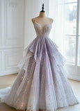 Fairytale Spaghetti Straps A-line Tulle Sequins Deep V Neck Layered Long Ball Gown Formal Evening Dress HZ1108