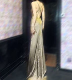 Sexy Spaghetti Strap V-Neck Satin Beaded Long Prom Dress Shiny Beaded Backless Evening Dress HZ1108