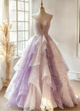Sweet A-line Spaghetti Strap V-Neck Gradient Purple Tulle Long Prom Dresses Shiny Sequins Layered Evening Gown HZ1108