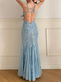 Enchanted Sky Blue Tulle Mermaid Gowns V-Neck Shiny Sequined Backless Long Prom Dresses HZ1108