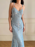 Enchanted Sky Blue Tulle Mermaid Gowns V-Neck Shiny Sequined Backless Long Prom Dresses HZ1108