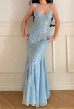 Enchanted Sky Blue Tulle Mermaid Gowns V-Neck Shiny Sequined Backless Long Prom Dresses HZ1108
