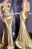 Sexy Gold Satin Spaghetti Strap Mermaid Backless Prom Dress Formal Prom Dress HZ1108