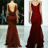 Elegant Burgundy Spaghetti Straps Mermaid Backless Chiffon Long Prom Dress HZ1108