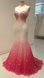 Sweet Gradient Pink Sweetheart Neck Tulle Mermaid Shiny Sequin Long Prom Dress HZ1108