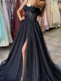 Elegant Black A-Line Tulle Sequin Long Prom Dress Spaghetti Strap Formal Evening Dress with Silt HZ1108