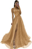 Elegant Black A-Line Tulle Sequin Long Prom Dress Spaghetti Strap Formal Evening Dress with Silt HZ1108