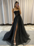 Elegant Black A-Line Tulle Sequin Long Prom Dress Spaghetti Strap Formal Evening Dress with Silt HZ1108