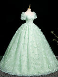 Fairytale Mint Green A-Line Puff Sleeves Tulle Lace Long Prom Dress Formal Dress HZ1108